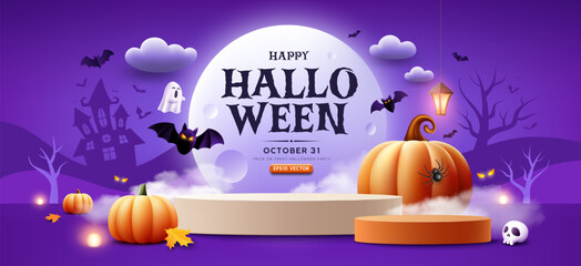 Naklejka na ściany i meble Happy Halloween orange and white podium, pumpkin, trees, bat flying on cloud and full moon banner design on purple concept design background