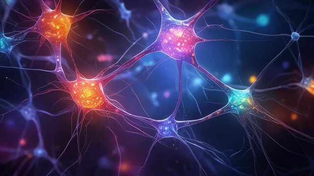 colorful glowing neurons connected by synapses with electric impulses firing through neural network