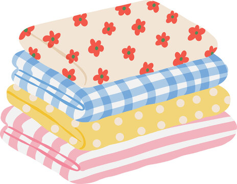 Cute hand drawn doodle illustration of stacked folded colorful blankets and linens