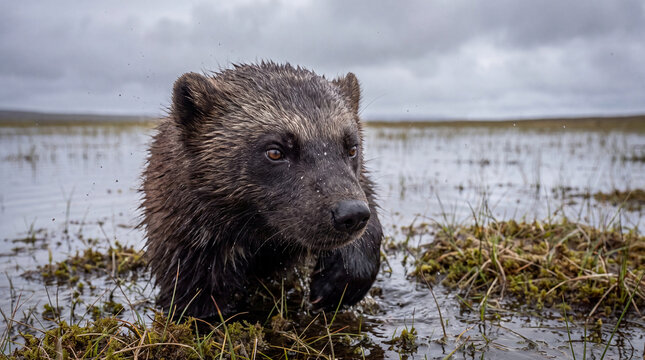 Rare arctic wildlife like this wolverine adapts to climate change wet tundra environments showing resilience and survival
