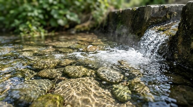 Scenic close-up of a pristine forest stream with clear water flowing over a rocky bed and a small natural waterfall with light vapor.
