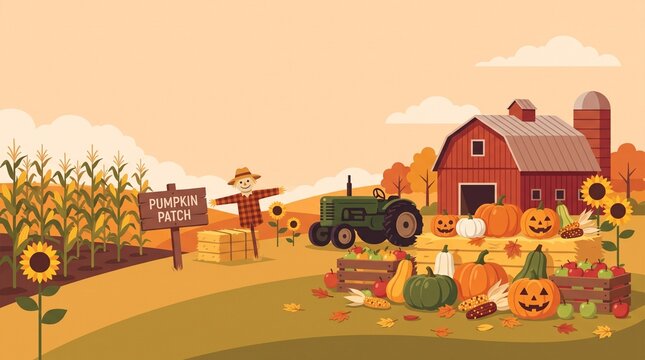 A charming autumn harvest vector illustration features a cozy farm with a pumpkin patch sign, scarecrow, tractor, red barn, cornfield, and ripe pumpkins.   