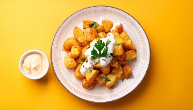 crispy spanish patatas bravas with spicy aioli sauce and fresh parsley on a white plate traditional tapas dish served on a vibrant yellow background
