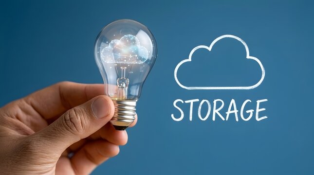 Hand holding a light bulb with digital cloud inside symbolizing cloud storage innovation and data management ideas on a blue background with chalk drawing of a cloud and the word