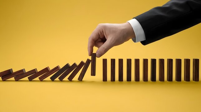 Businessman in suit intervenes to stop falling dominoes preventing a chain reaction symbolizing control and risk management in business