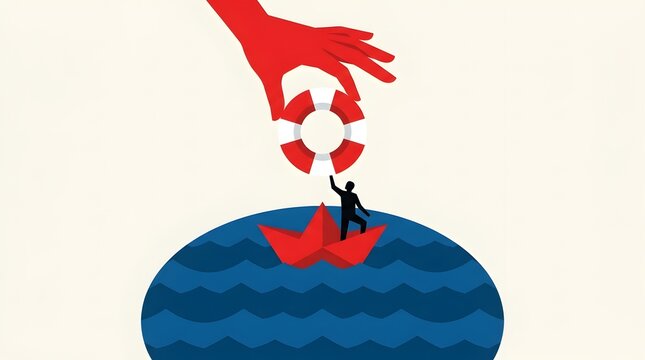 Giant red hand offers life preserver to tiny silhouette figure in a red paper boat on a stormy sea symbolizing help and rescue