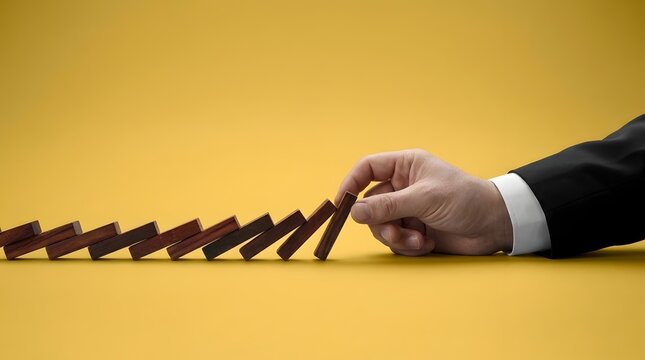 Businessman in suit stopping dominoes from falling symbolizing intervention risk management and preventing a chain reaction in business or life.