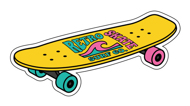 Retro yellow skateboard with colorful wheels vector illustration