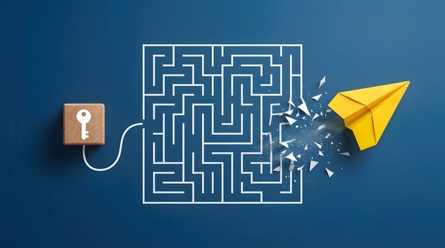 Yellow paper airplane breaks through a white maze on a blue background symbolizing breakthrough innovation and overcoming challenges with a key.