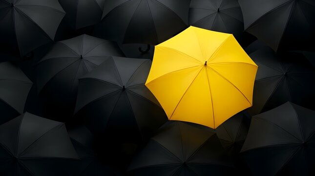Bright yellow umbrella stands out against a dark background of many black umbrellas symbolizing individuality and uniqueness.