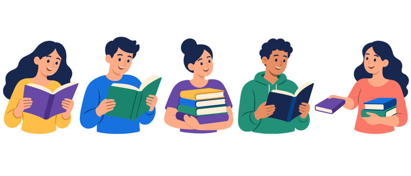 People reading and sharing books illustration