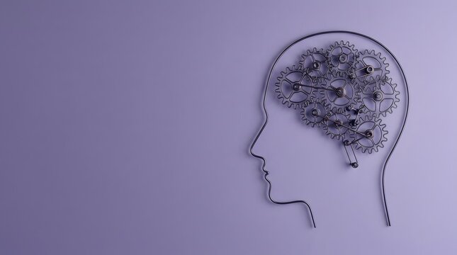 Abstract conceptual illustration of a human head profile with intricate gears and cogs inside symbolizing thought process intelligence and mechanical thinking on a solid purple