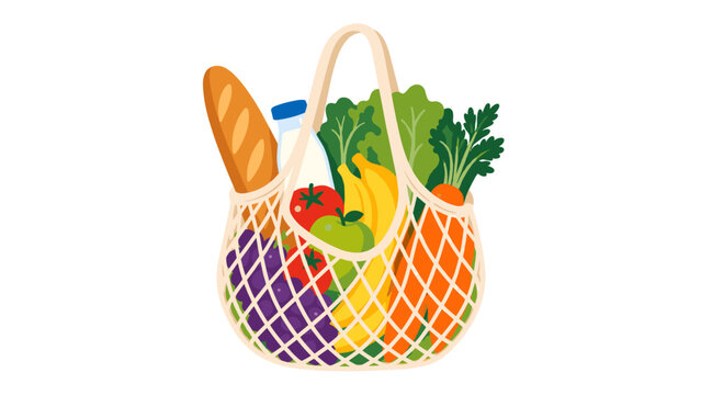Grocery bag with fresh fruits and vegetables illustration