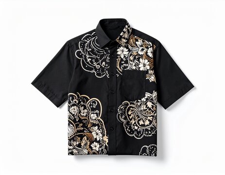 Black long-sleeved shirt with white and beige floral batik pattern isolated on white background, representing traditional fashion and cultural apparel.
