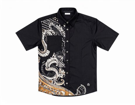 Black long-sleeved shirt with white and beige floral batik pattern isolated on white background, representing traditional fashion and cultural apparel.
