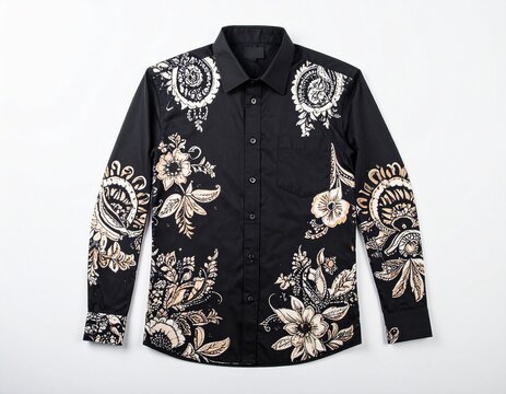 Black long-sleeved shirt with white and beige floral batik pattern isolated on white background, representing traditional fashion and cultural apparel.
