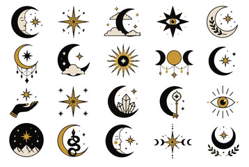 Fototapeta premium Mystical Celestial Vector Art Set Featuring Moons Stars and Spiritual Symbols for Occult Design Projects