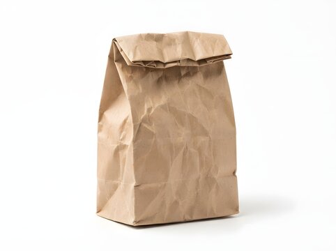 Crumpled brown paper lunch bag on a white surface simple everyday object
