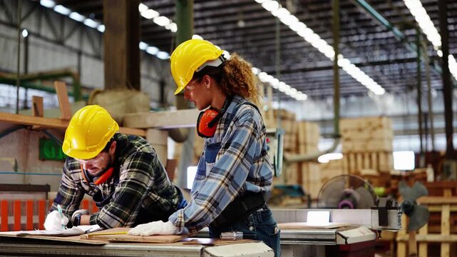Bearded carpenter finishes measuring and shares a smile with his female partner as she straightens up at the workbench under factory lights, authentic 4K footage
