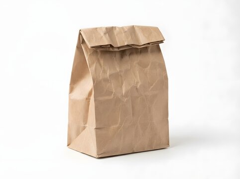 Crinkled brown paper lunch bag on a white surface for food packaging concepts