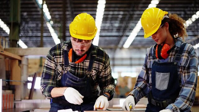 Bearded carpenter writes measurements on a board while his female colleague holds a tape and a plywood strip, rows of factory lights overhead, wood industry, 4K