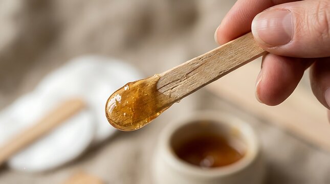 Hand holding wooden spatula with professional sugar wax for waxing