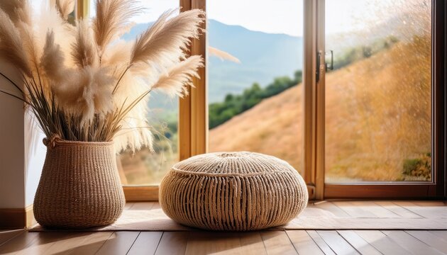 cozy bohemian interior with natural view pouf dried grass and woven basket by the window