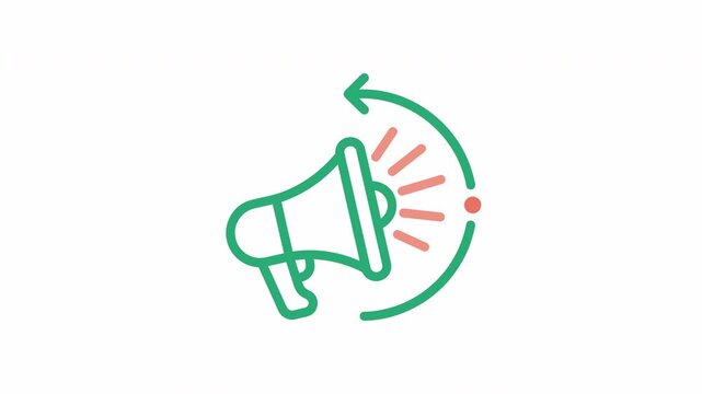 Green megaphone animation with sound waves and circular arrows during communication concept isolated on white background