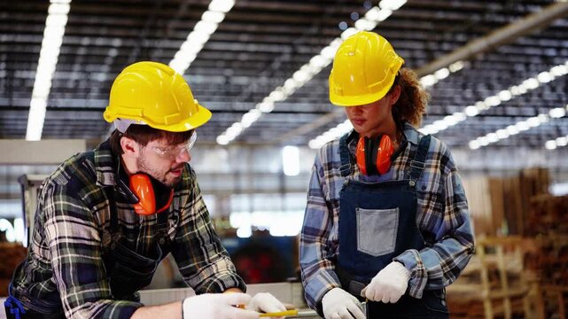 Female carpenter pulls out a yellow tape measure along a board while her bearded partner leans on the bench and watches the reading, inside a plywood and timber factory