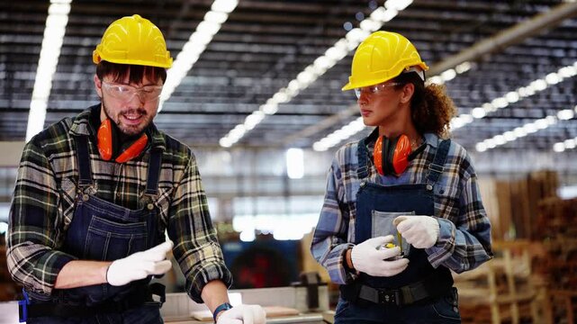 Bearded carpenter writes on a board as his female partner reels in the yellow tape measure and double-checks the reading beside him, inside a plywood and timber factory