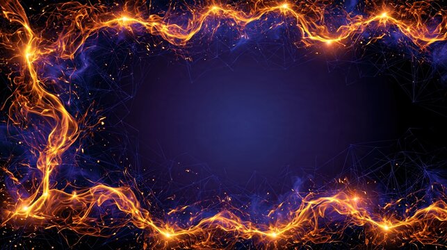 Abstract fiery border with glowing particles and network lines on dark blue background