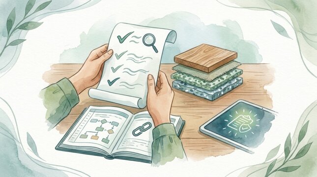 sustainable procurement material verification Person checking a checklist with books and a tablet on a wooden table.