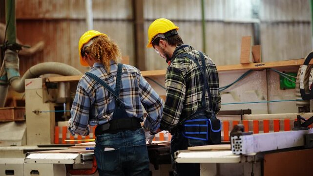 Rear view of a bearded carpenter stepping in to guide a board while his female coworker feeds it along the panel saw table, authentic footage of a sustainable timber supply chain