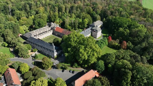 Aerial view, Arnsburg Abbey near Lich, Arnsburg, Hesse, Germany