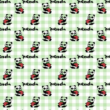 Cute seamless panda holding strawberries pattern on green plaid