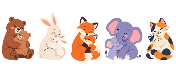 Obraz premium Animal parents with babies illustration