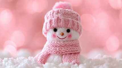Obraz premium Cute snowman figurine wearing pink knitted hat and scarf with smiling face on snowy surface with soft pink bokeh background