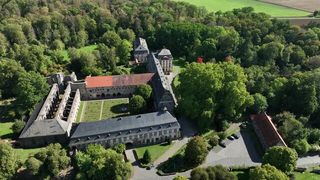 Aerial view, Arnsburg Abbey near Lich, Arnsburg, Hesse, Germany
