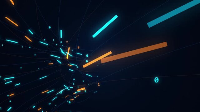 Futuristic binary code stream flying inside a digital cyber tunnel with blue neon data lines