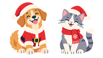 Obraz premium Dog and cat in christmas outfits illustration