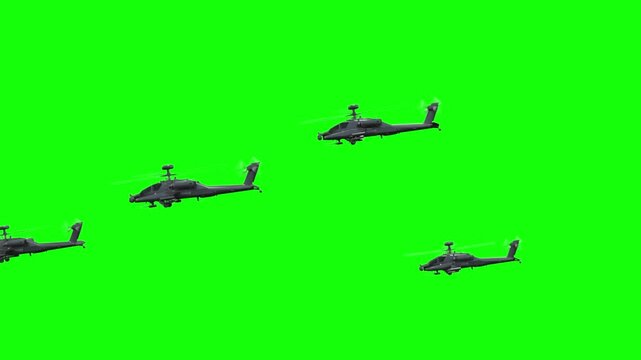 3d rendered animation of flying military helicopters on green screen