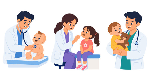 Pediatrician examining children illustration