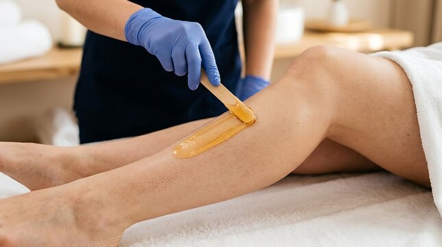 Beautician applying warm wax on female leg for hair removal procedure