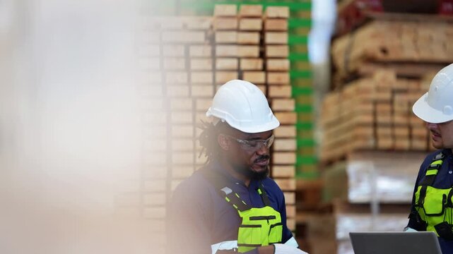 Rack focus in a lumber warehouse onto a Black supervisor in a white hard hat looking down at a laptop between stacks of sawn timber, inside a plywood and timber factory