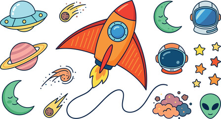 Cute Outer Space Vector Illustration Sticker Pack with Rocket Ship, UFO, Astronaut Helmets, Alien, Planets, and Stars for Nursery Graphic Designs © Sarifa