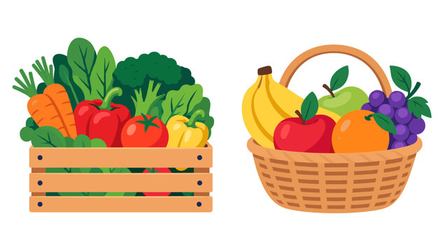 Fresh vegetables and fruits basket illustration