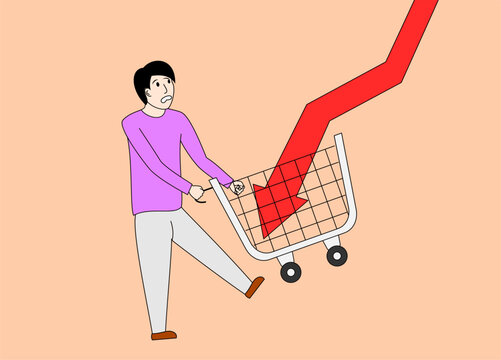 Consumer struggling with grocery shopping cart while red arrow indicating economic downturn and market crash