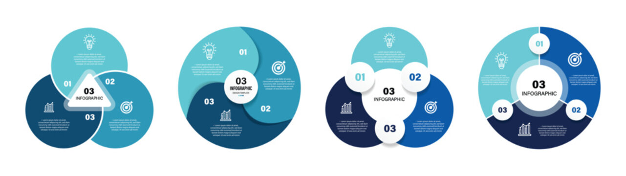 Circle Venn diagram infographic set. Venn diagram infographic chart template for business 3 parts, options. circular chart template, cycle venn diagram for business presentation, vector illustration.