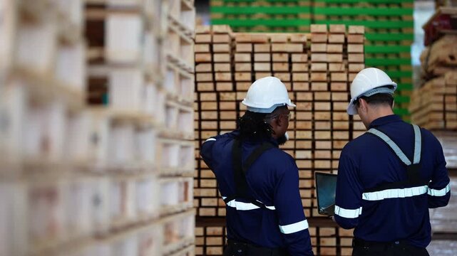 Rear view of two engineers in white hard hats and navy reflective uniforms, a Black inspector pointing at a lumber stack as his colleague checks a laptop, real time