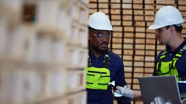 Black supervisor gestures while explaining to a Latino engineer with a laptop in front of a tall stack of sawn timber boards inside a timber and pallet warehouse